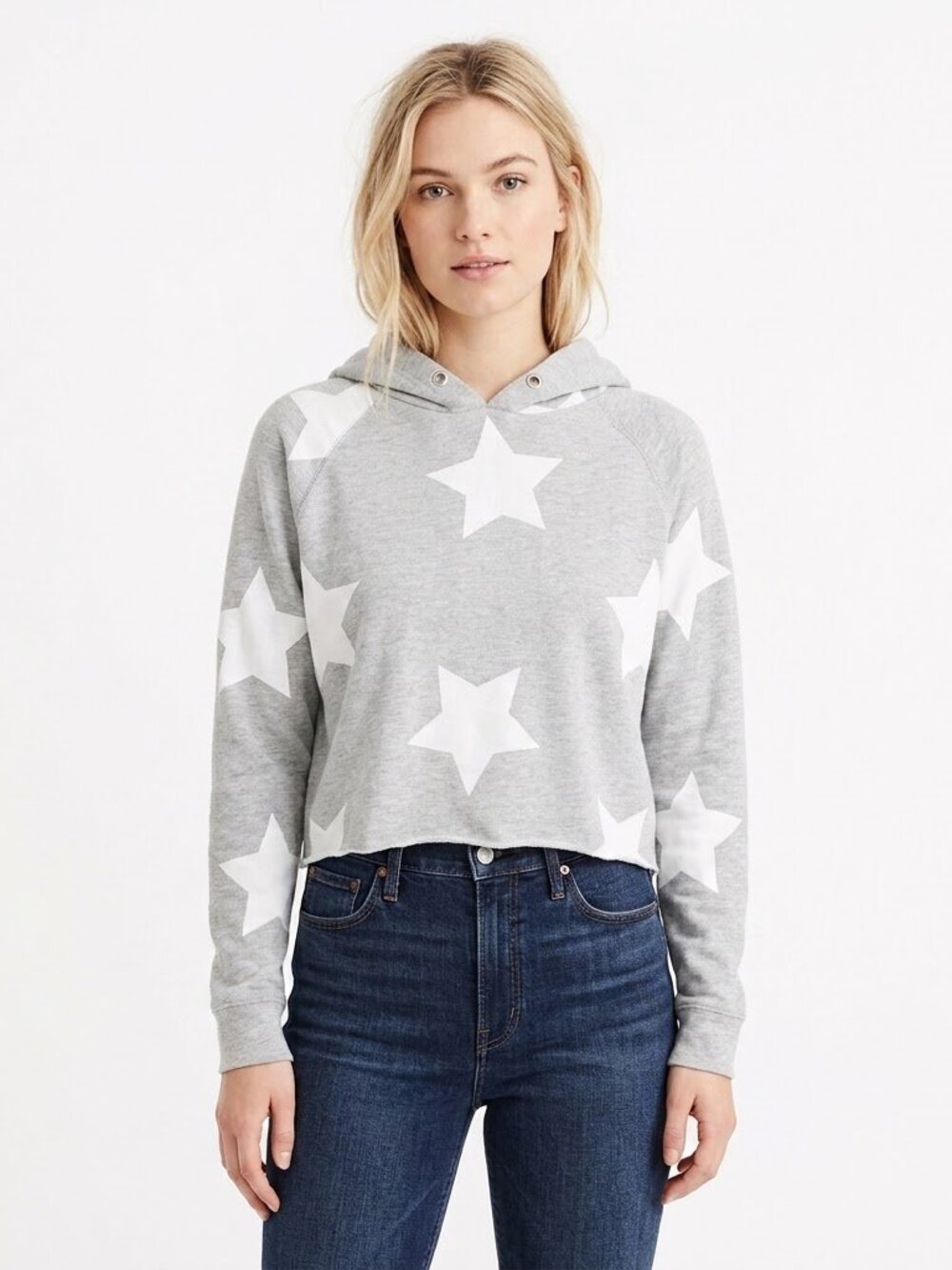 Star Print Hooded Crop Sweater Top Size Small Long Sleeve Skater Punk